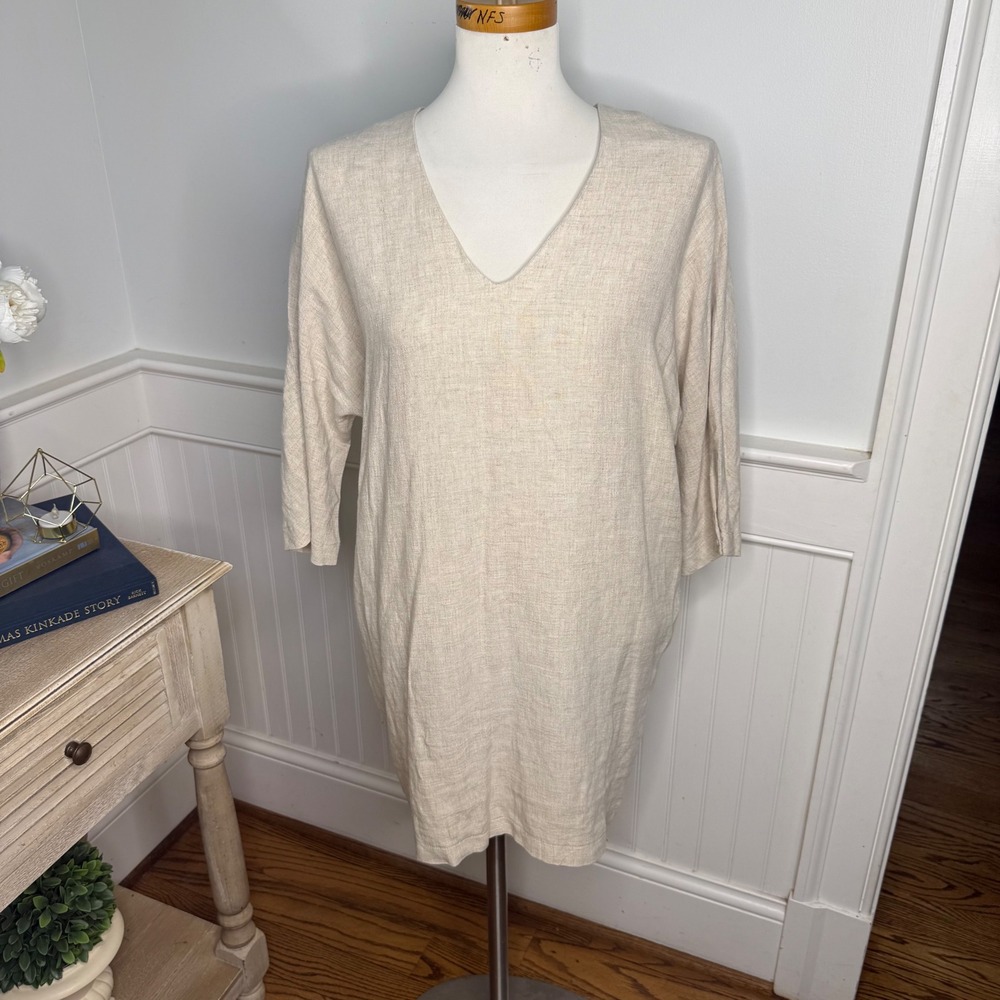 Karlie‎ Oatmeal 100% Linen V-Neck Shift Dress with Pockets RD1733-6 NWT Medium